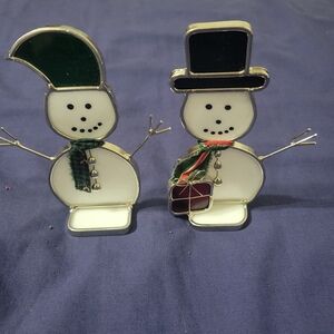 Stain Glass Snowmen Knick Knacks 2pc Christmas Holiday Decor Flawed See Photos